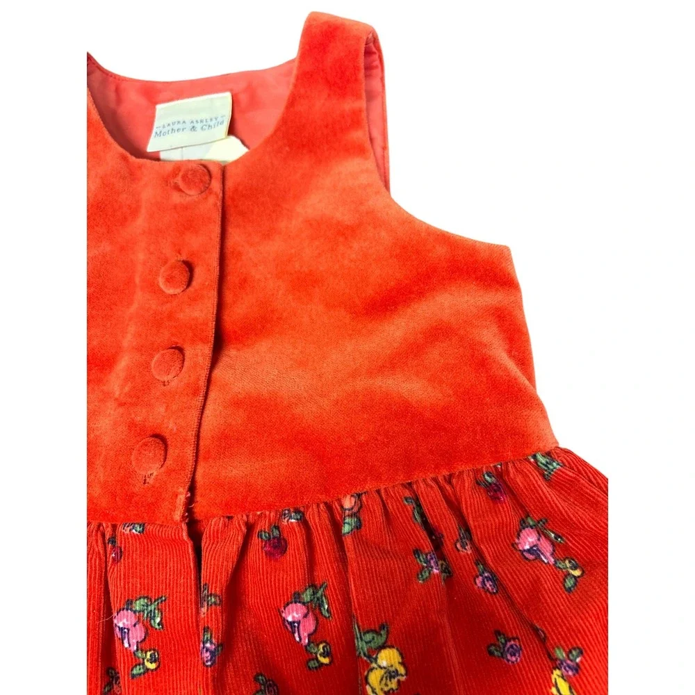 Laura‎ Ashley Mother Child Girls Floral Corduroy Dress Red Vintage 18 Months NWT